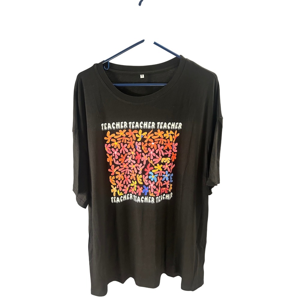 Women's Black Graphic "Teacher" Floral Print T-Shirt Size XL